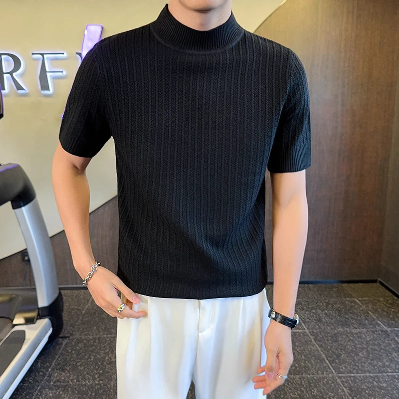 Stripe Textured Mock Neck T-Shirt