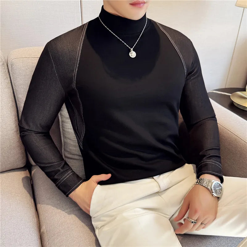 Patchwork Denim Spliced Turtleneck T-Shirt