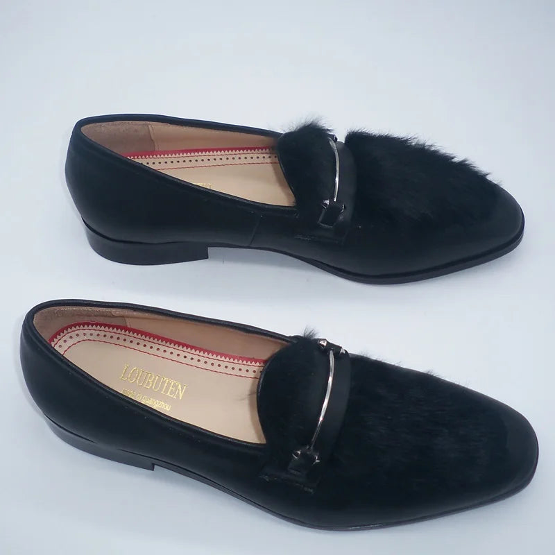 Men's Black Leather Furry Loafers