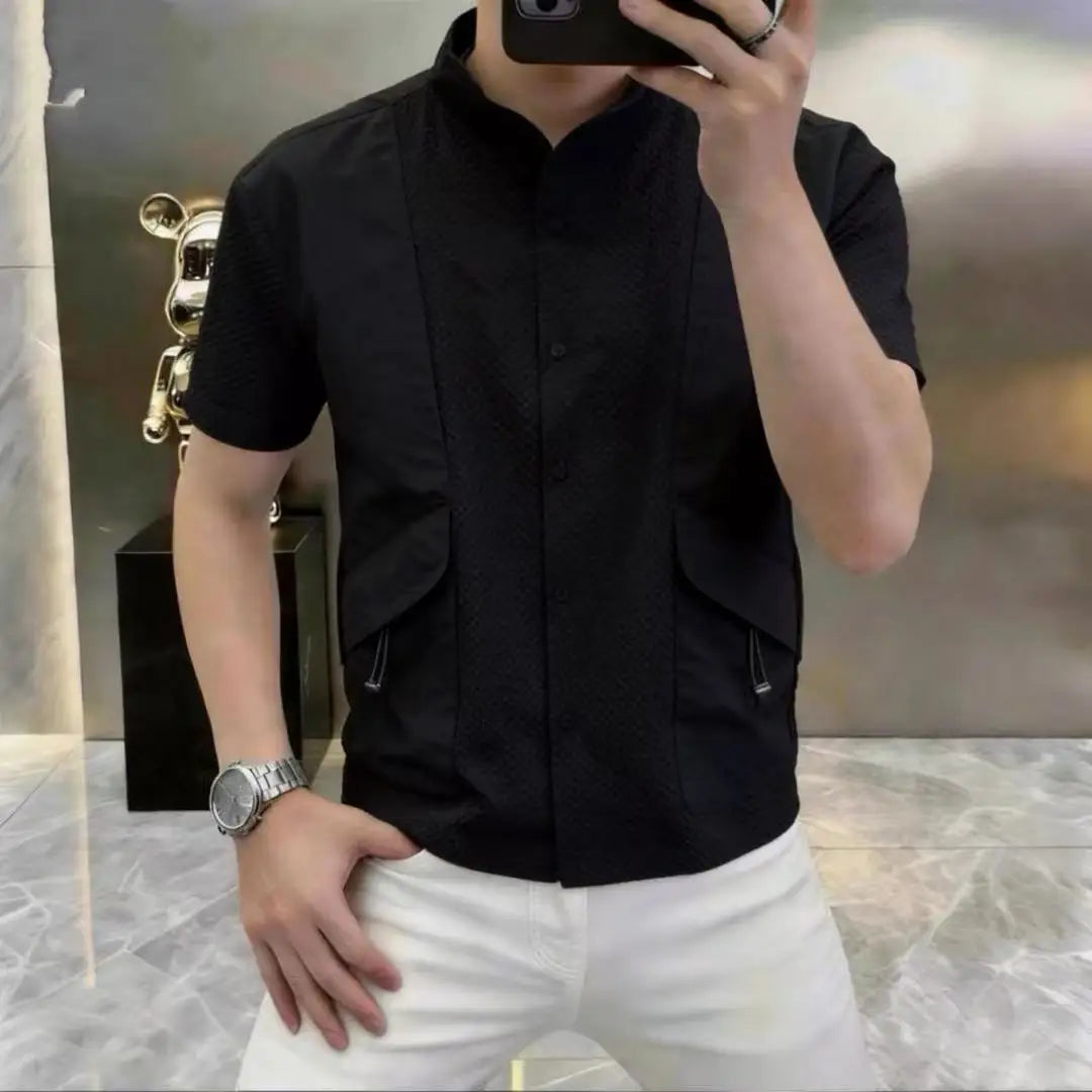 Stand Collar Spliced Short Sleeved Shirt