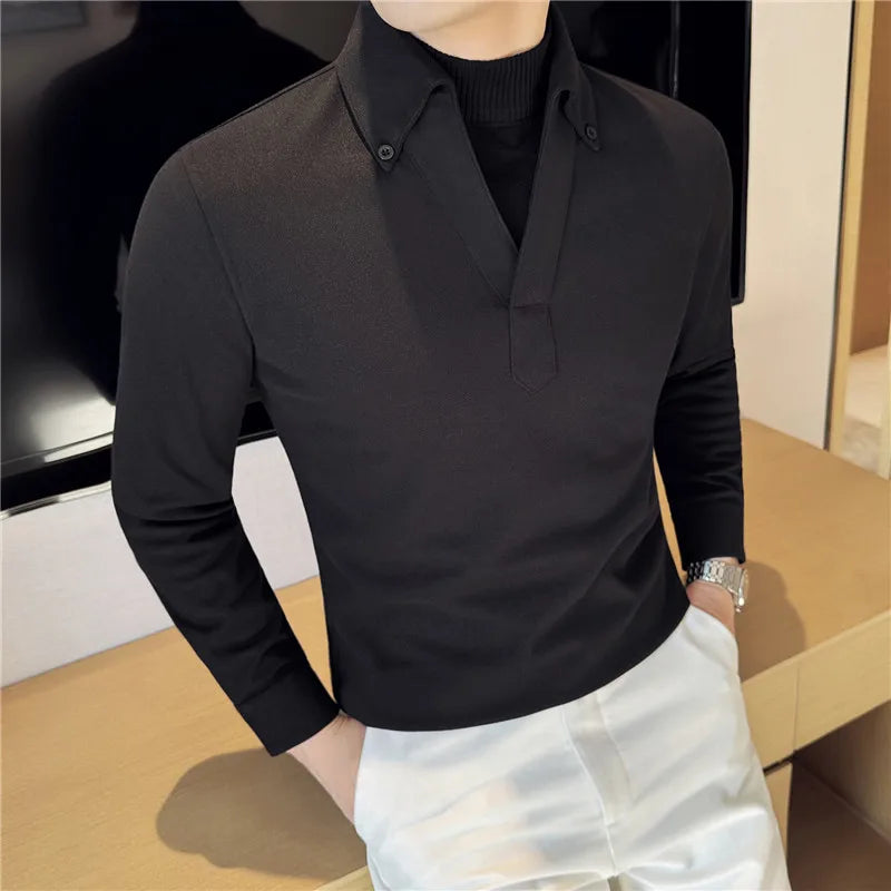 Solid Fake 2Pieces High Collar Polo Shirt