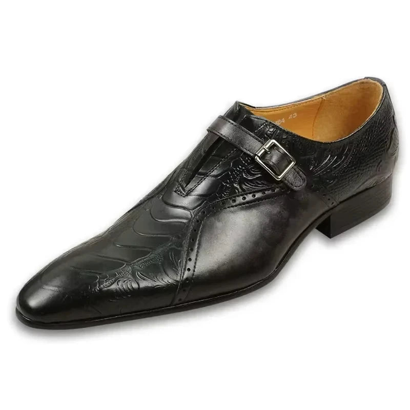 Embossed Leather Buckle Oxford Shoes