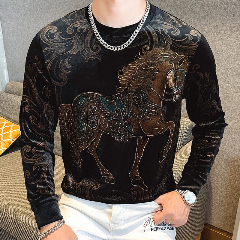 Horse Pattern Rhinestone Velvet Sweatshirts