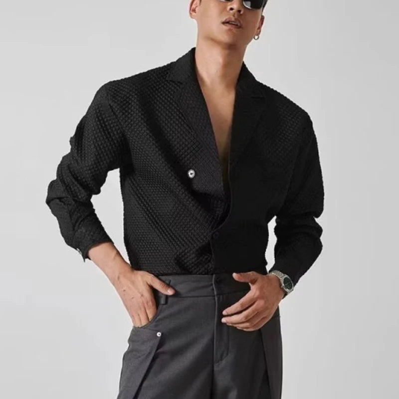 Waffle Suit Collar Long Sleeved Shirt