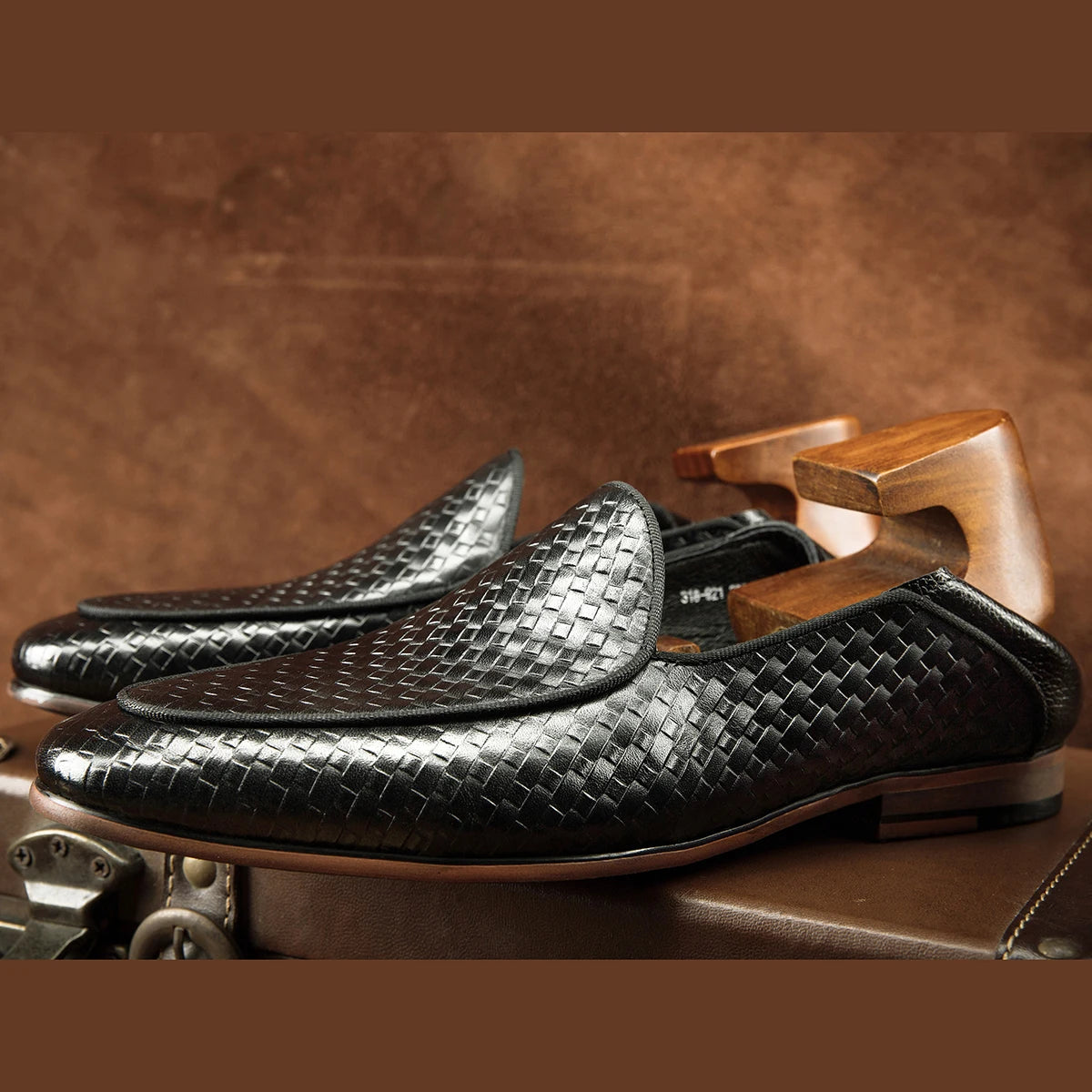 Black Woven Genuine Leather Loafers