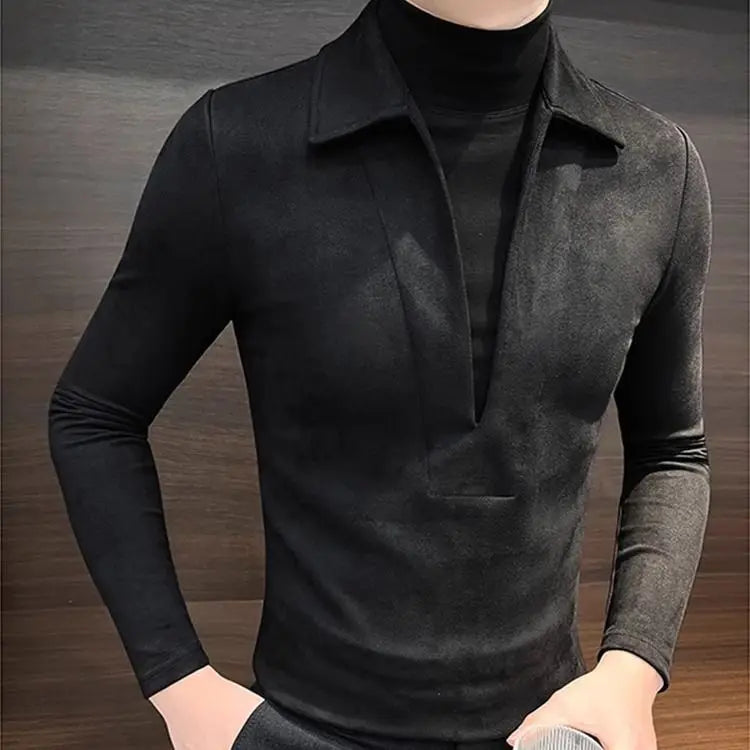 Solid V-neck Fake Two-piece Polo Shirt