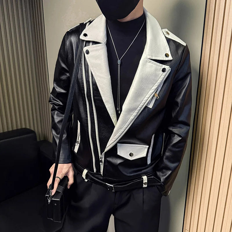 Zipper V-Neck Motorcycle Leather Jacket