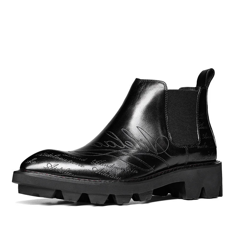 Pointed-Toe Carved Leather Chelsea Boots