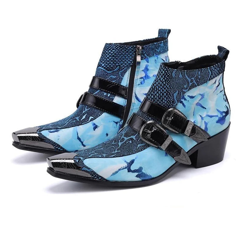 Croc-Textured Buckled Metal Toe Boots