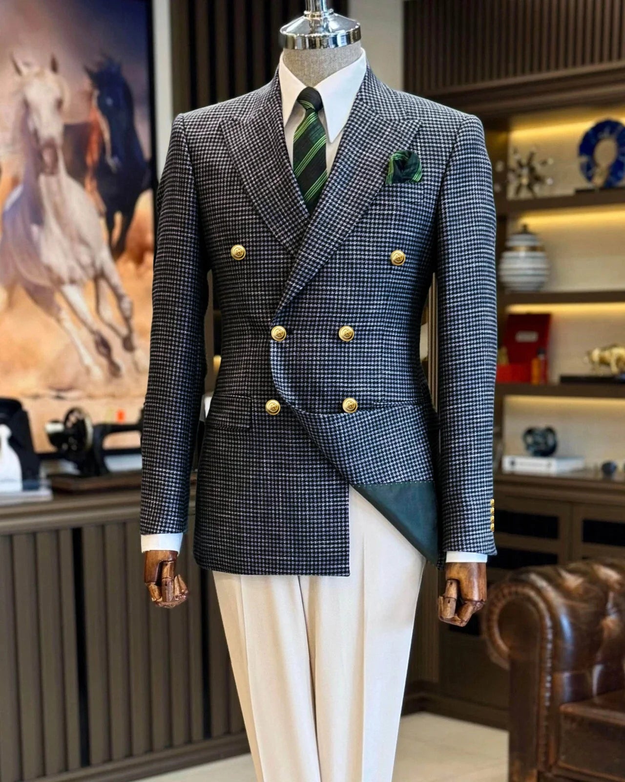 Double Breasted Houndstooth Peak Lapel Blazer
