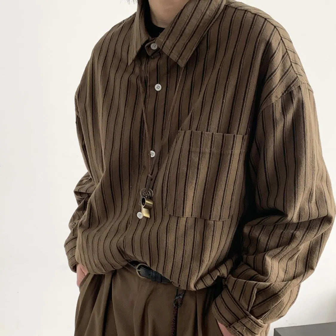 Retro Brown Striped Loose Shirt