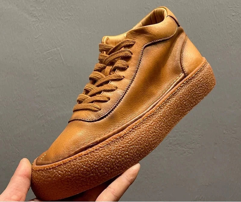 Retro Solid Leather High-Top Sneakers