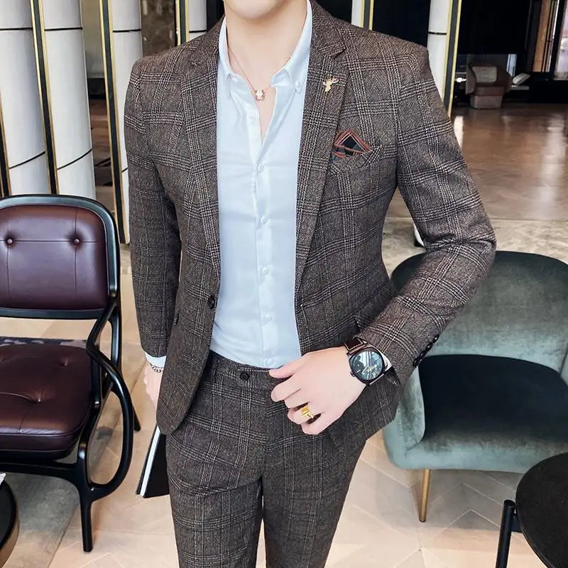 Plaid Pattern Single Breasted Polyester Suit