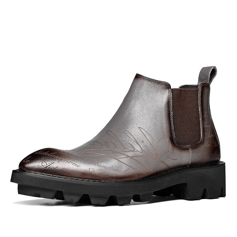 Pointed-Toe Carved Leather Chelsea Boots