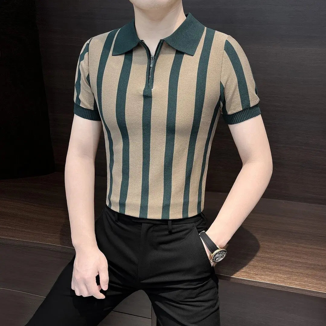 Men Summer Striped Knitted Polo Shirt