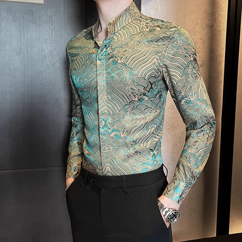 Geometric Printed Stand Up Collar Shirt