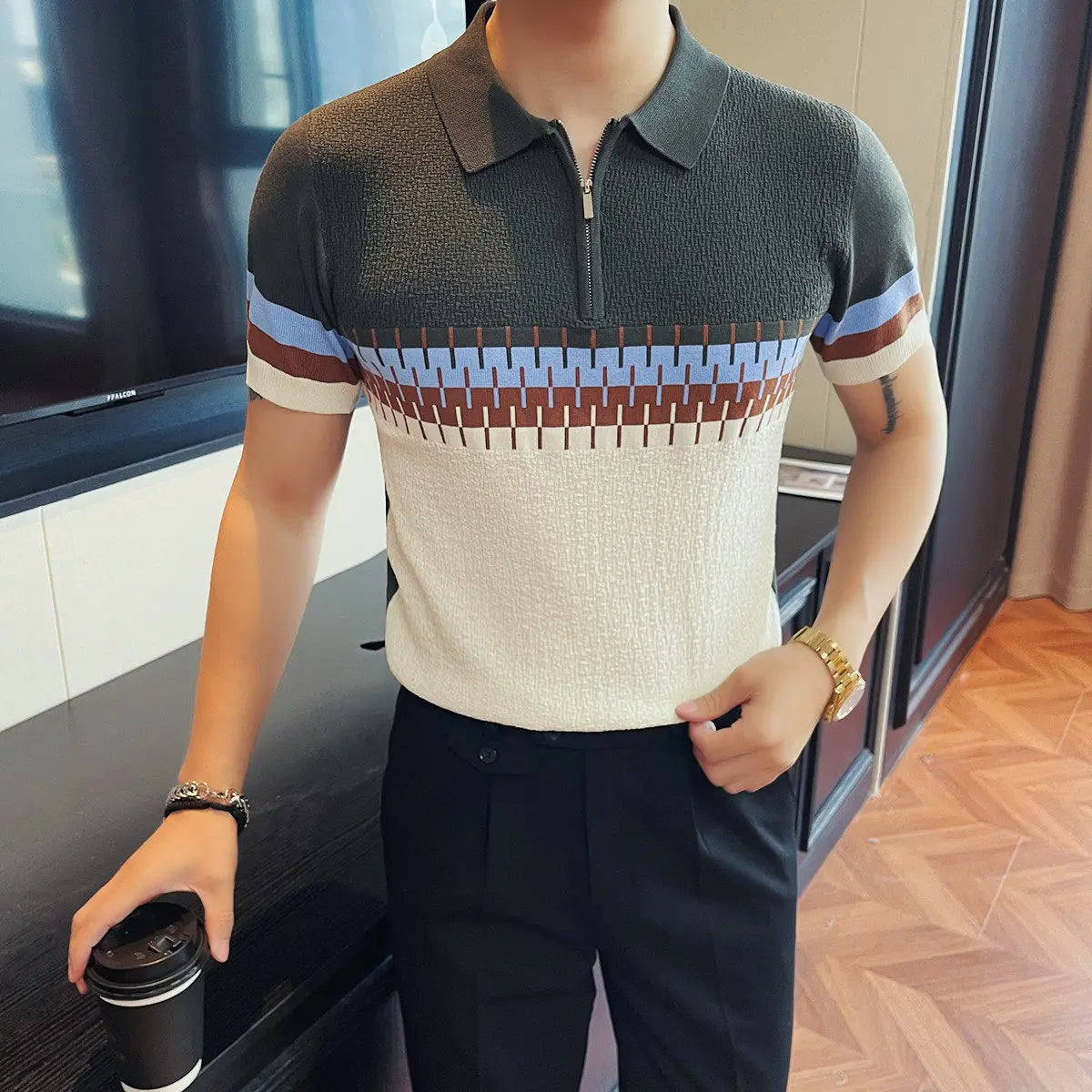 Architect Stripe Knit Zipper Polo Shirt