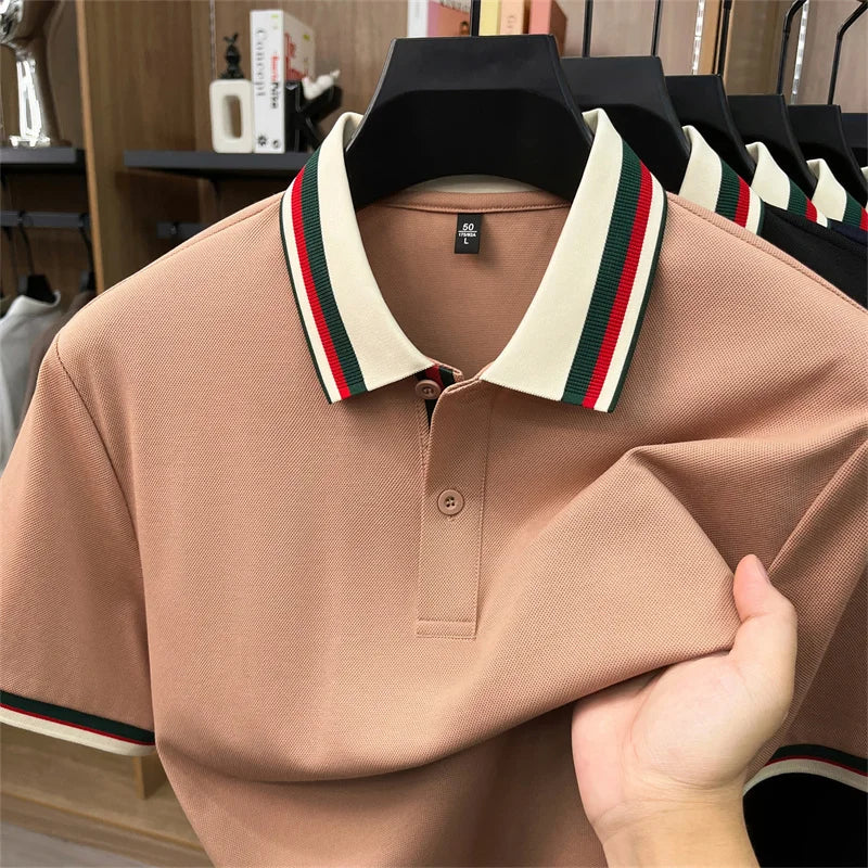 Stripes Color Blocked Lapel Polo Shirt