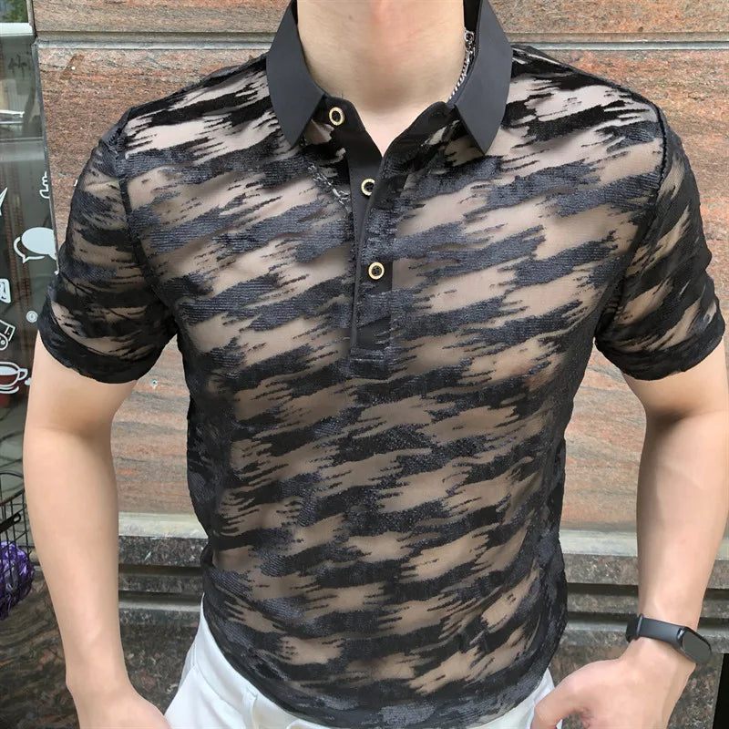 See Through Mesh Black Polo Shirt