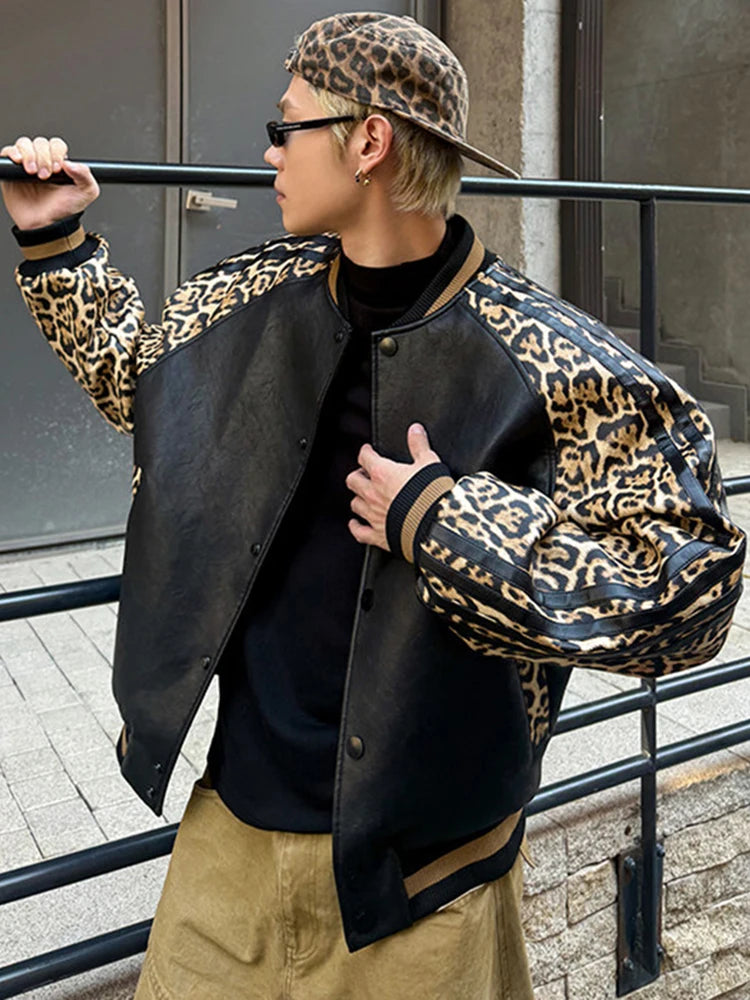 Leopard Patchwork Leather Bomber Jacket