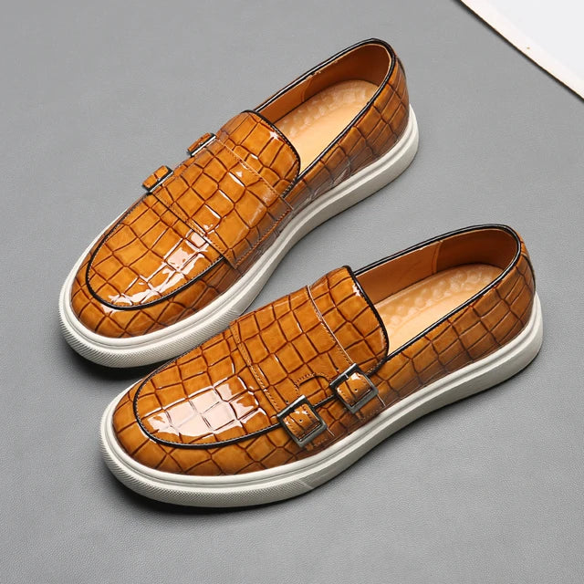 Crocodile Leather Double Buckle Monk Shoes
