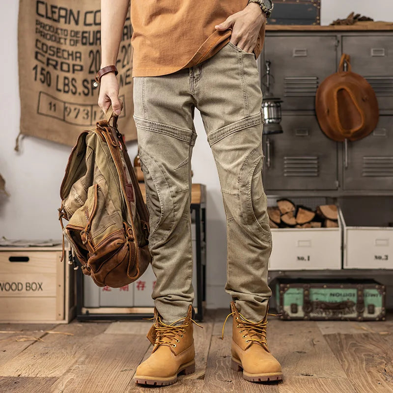 Khaki Hombre Motorcycle Fitted Jeans