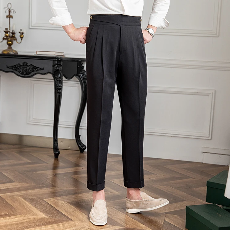 High Waist Side Button Solid Trousers