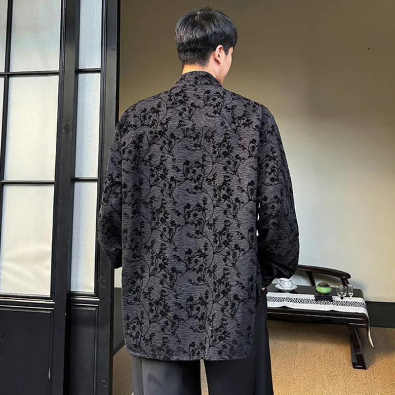 Floral Flocking Stand Collar Shirt