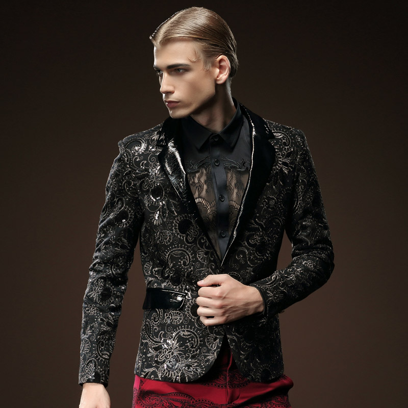 Black in Paisley Pattern and Solid Collar Design Men Blazer - FanFreakz