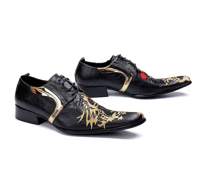 Fancy Black with Gold Painting Lace Up Details Men Dress Shoes