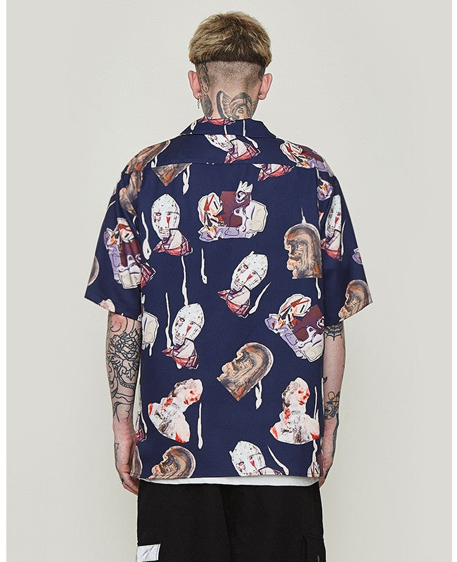 Imprimé de personnages bleu marine dans un style ample hawaïen Chemise à manches courtes pour hommes