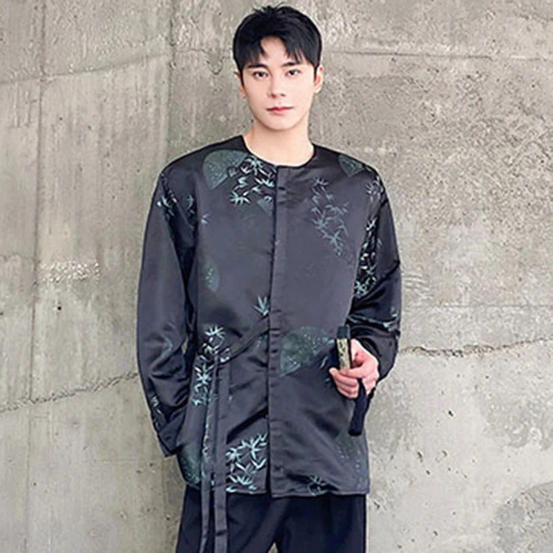 Solid Silk Printed Lace Up Round Collar Shirt