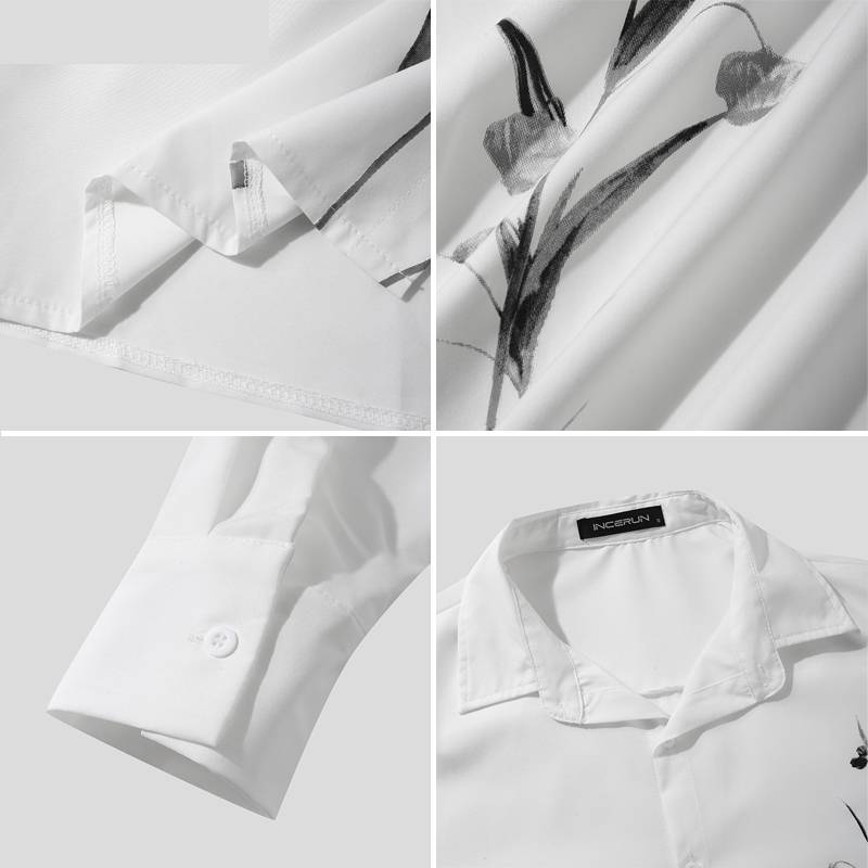 White Black Leaves Printed Long Sleeve Shirt Short Sets