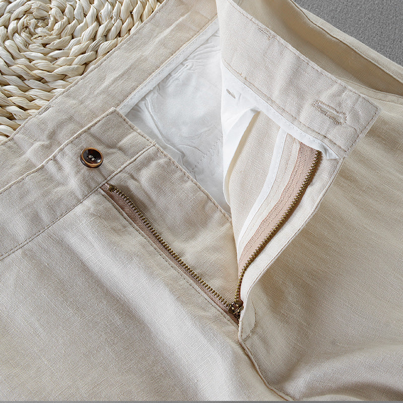 Pure Linen Pocket Solid Casual Pants