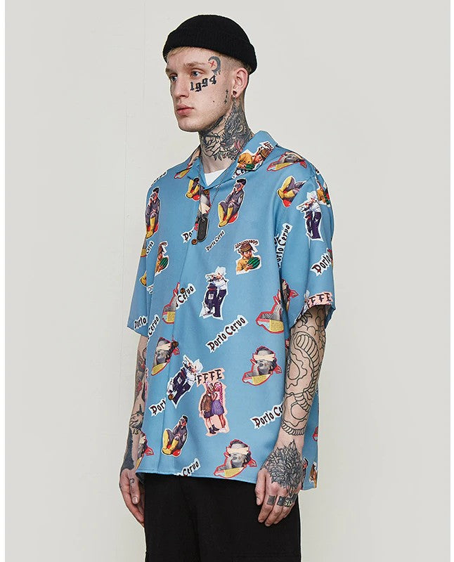 Ocean Blue Character Print in Hawaiian Loose Style Men Short Sleeves Shirt