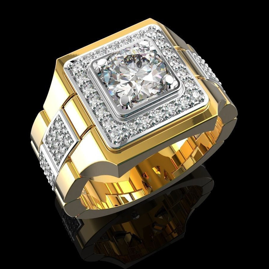 Anillo rectangular de diamantes blancos chapado en oro de 14 K