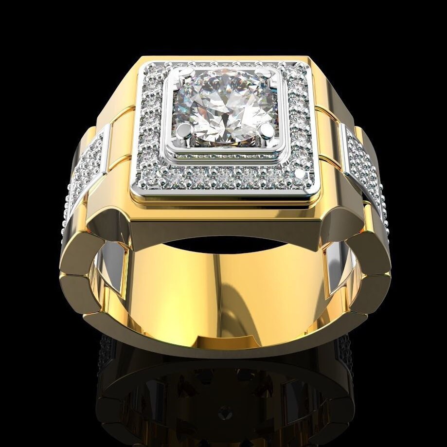 Anillo rectangular de diamantes blancos chapado en oro de 14 K