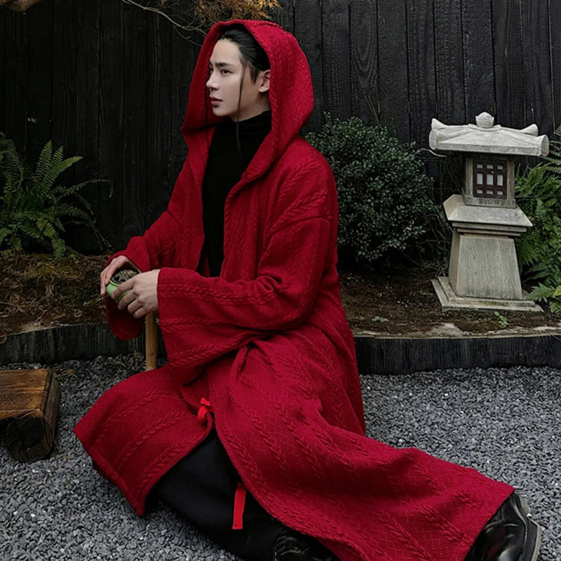 Red Color Knit Hooded Coat
