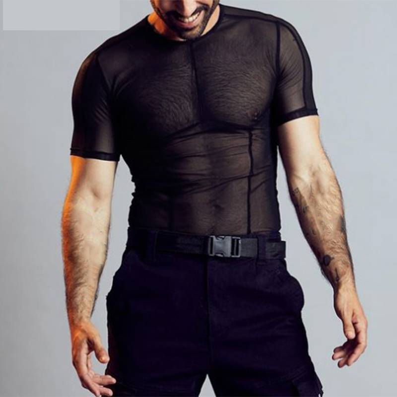 T-shirt transparent à col rond décoré de lignes de couture