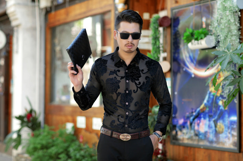 Semi Transparent Dark Floral Pattern Men Long Sleeves Velvet Shirt