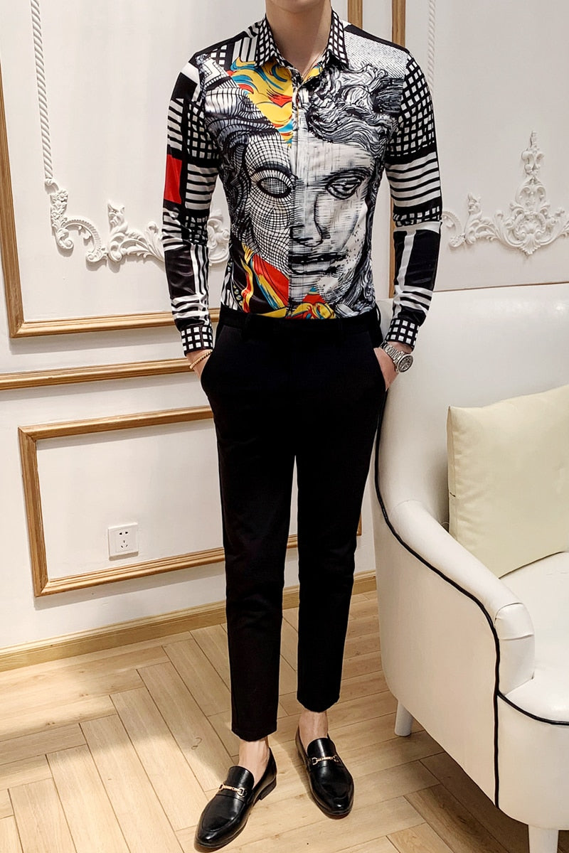 Man Face Printing Colour Splice Design Men Shirt