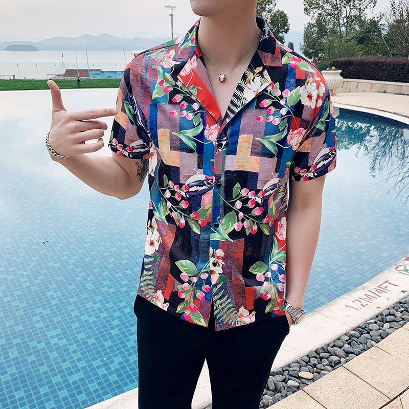 Flower in Plaid Brick Pattern Print Chemises à manches courtes pour hommes