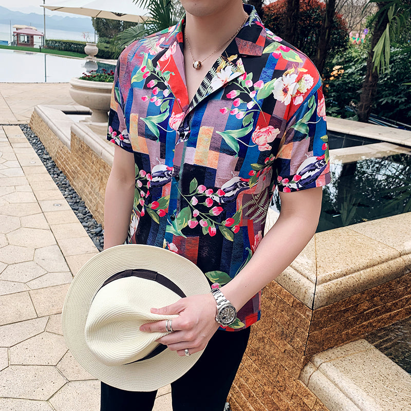 Flower in Plaid Brick Pattern Print Chemises à manches courtes pour hommes