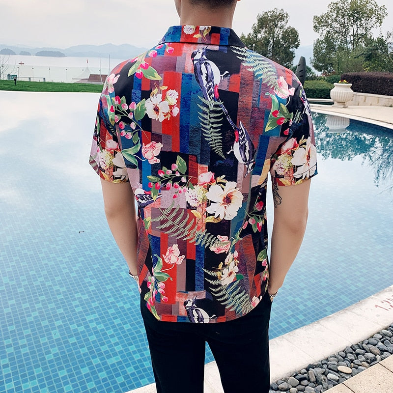 Flower in Plaid Brick Pattern Print Chemises à manches courtes pour hommes
