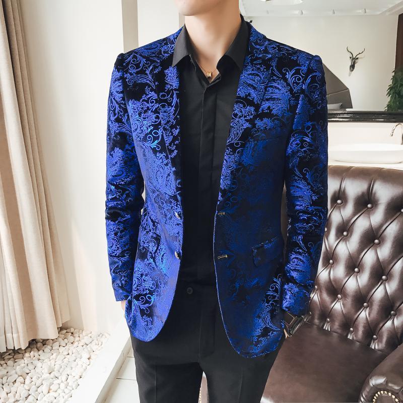 Glowing Blue Paisley Velvet Men Blazer