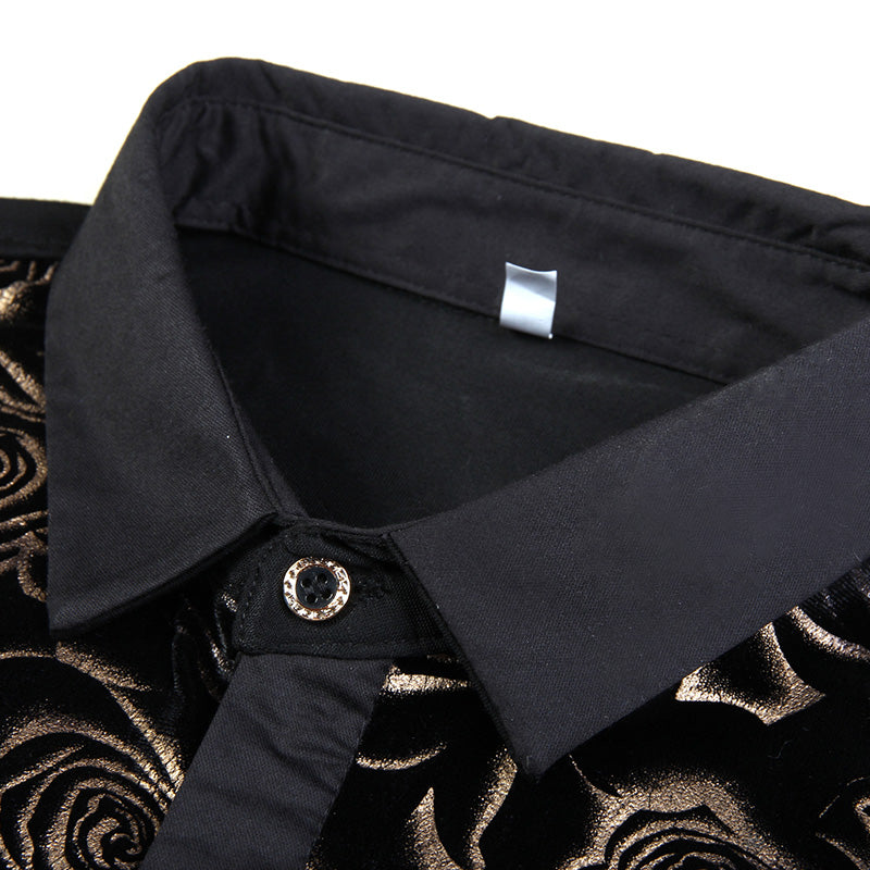 Dark Gold Floral Velvet Men Long Sleeves Shirt - FanFreakz