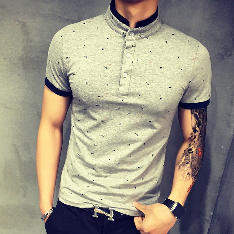 Dot Guitar Printed Stand Collar Short Sleeve Style Men Polo Shirt