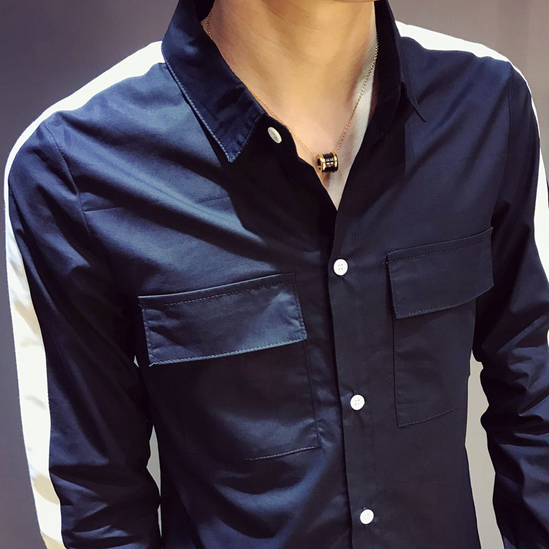 Cotton Double Pocket Stripe Sleeves Men Slim Shirt - FanFreakz