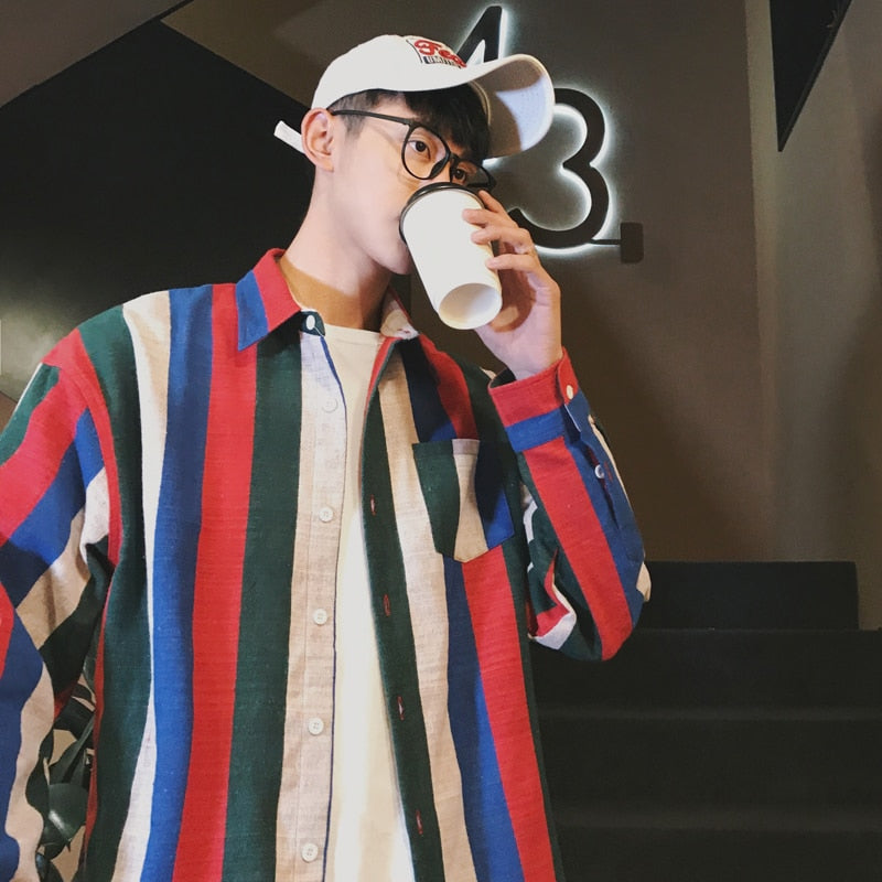 Nouvelle mode Stripe Loose Casual manches longues style hommes chemises