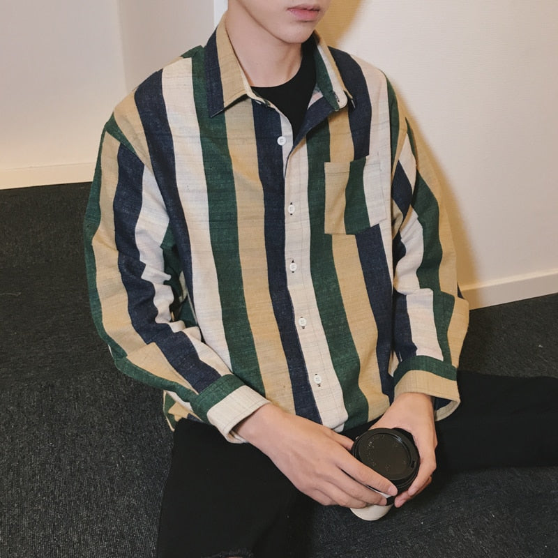 Nouvelle mode Stripe Loose Casual manches longues style hommes chemises